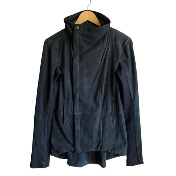 VEDA Black Suede Leather Jacket Wool Knit Panels Underarms Women’s Medium - Picture 2 of 14